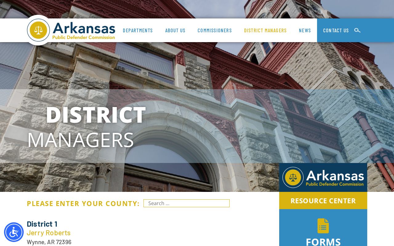 Arkansas public defender district manager list for Scott County-side Mansfield court matters