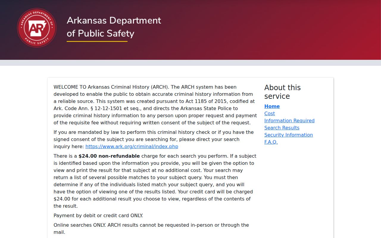 Scott County criminal history search through the Arkansas ARCH portal