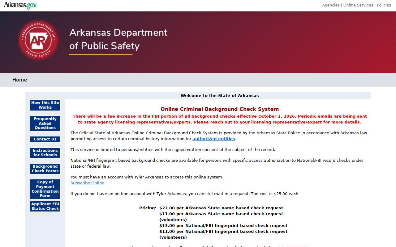 Scott County criminal background check through the Arkansas State Police CBC system