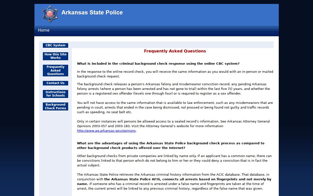 Scott County criminal history fees and Arkansas State Police CBC details